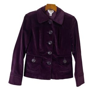 Talbots Petite Dark Purple Button Front Velvet Stretch Jacket EUC